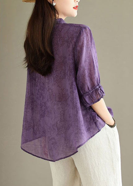 Loose Purple Peter Pan Collar Print Linen Blouses Half Sleeve GG056 MZF-HTP240610