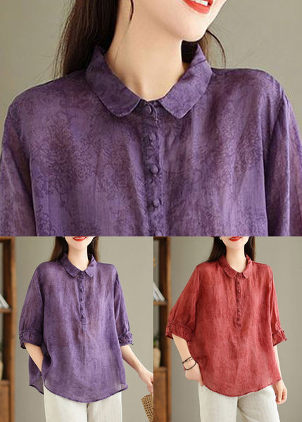 Loose Purple Peter Pan Collar Print Linen Blouses Half Sleeve GG056 MZF-HTP240610