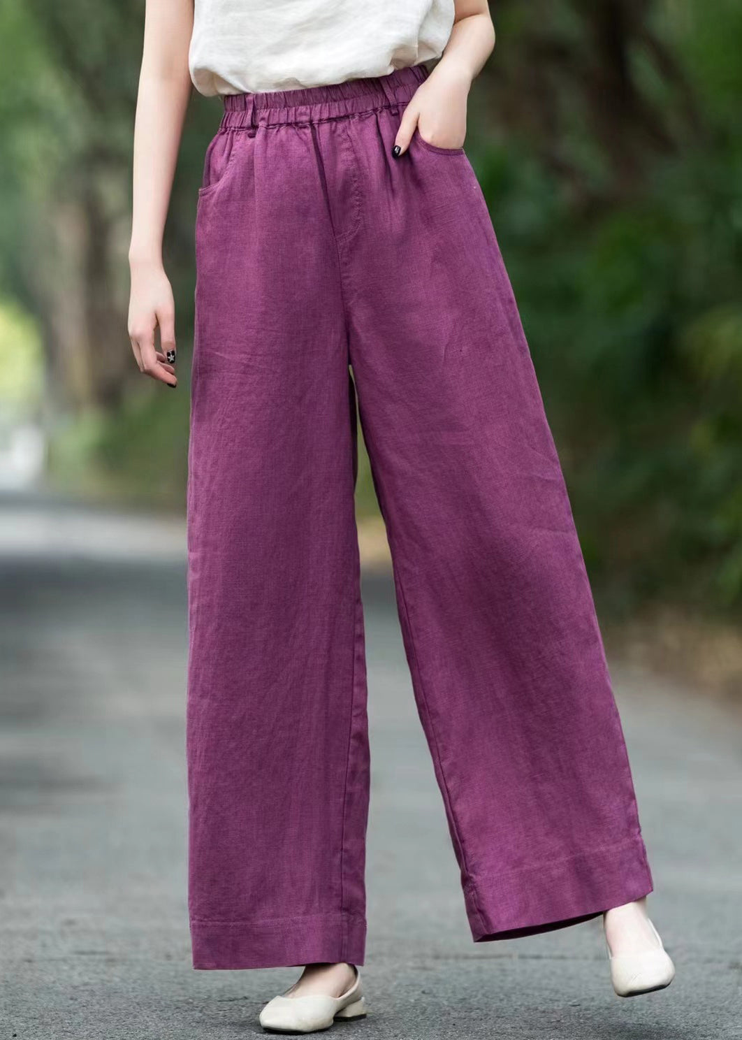 Pants Loose Pockets Solid Elastic Summer Waist Purple Linen FashionChic