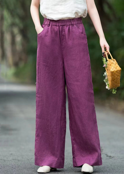 Pants Loose Pockets Solid Elastic Summer Waist Purple Linen FashionChic