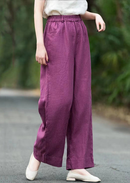 Pants Loose Pockets Solid Elastic Summer Waist Purple Linen FashionChic