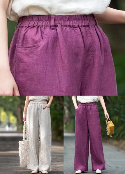 Pants Loose Pockets Solid Elastic Summer Waist Purple Linen FashionChic
