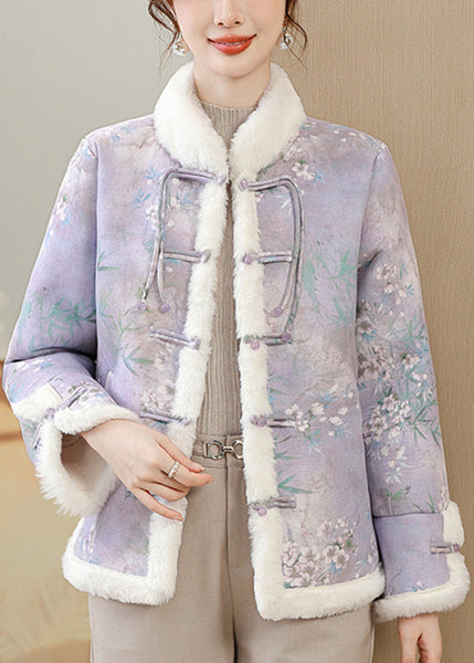 Loose Purple Print Button Patchwork Warm Fleece Parka Winter RZ025 ABC