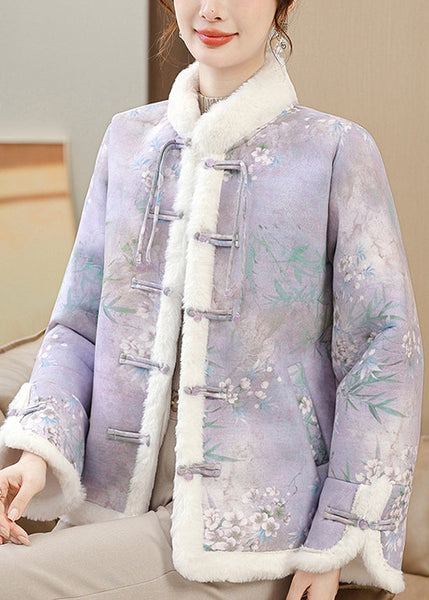 Loose Purple Print Button Patchwork Warm Fleece Parka Winter RZ025 ABC