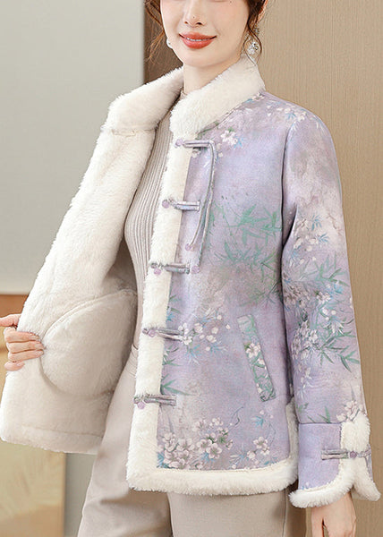 Loose Purple Print Button Patchwork Warm Fleece Parka Winter RZ025 ABC