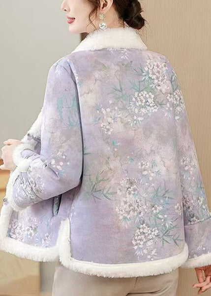 Loose Purple Print Button Patchwork Warm Fleece Parka Winter RZ025 ABC