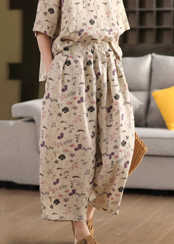 Loose Drawstring Linen Crop Summer Print Purple Pants FashionChic
