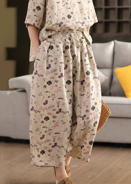 Loose Drawstring Linen Crop Summer Print Purple Pants FashionChic