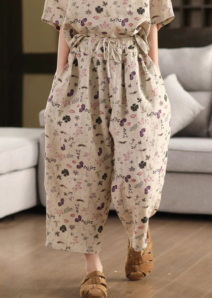 Loose Drawstring Linen Crop Summer Print Purple Pants FashionChic