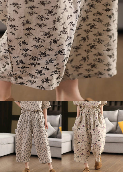 Loose Drawstring Linen Crop Summer Print Purple Pants FashionChic