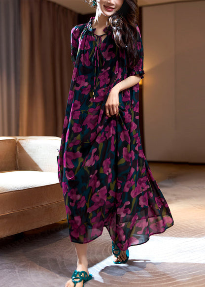 Loose Purple Print Ruffled Lace Up Chiffon Long Dresses Summer OP1088 Ada Fashion