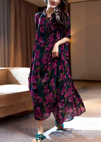 Loose Purple Print Ruffled Lace Up Chiffon Long Dresses Summer OP1088 Ada Fashion