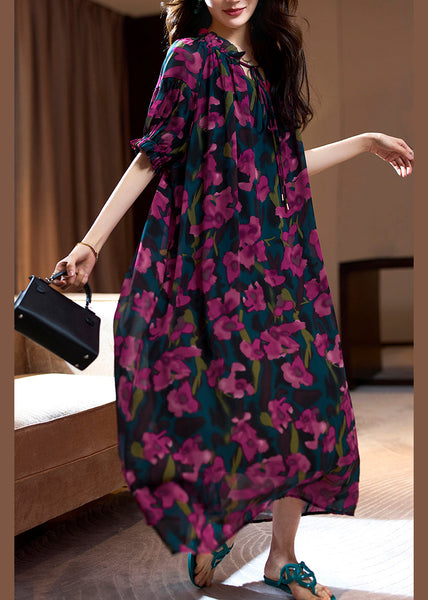 Loose Purple Print Ruffled Lace Up Chiffon Long Dresses Summer OP1088 Ada Fashion