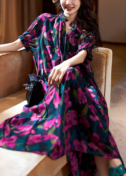 Loose Purple Print Ruffled Lace Up Chiffon Long Dresses Summer OP1088 Ada Fashion