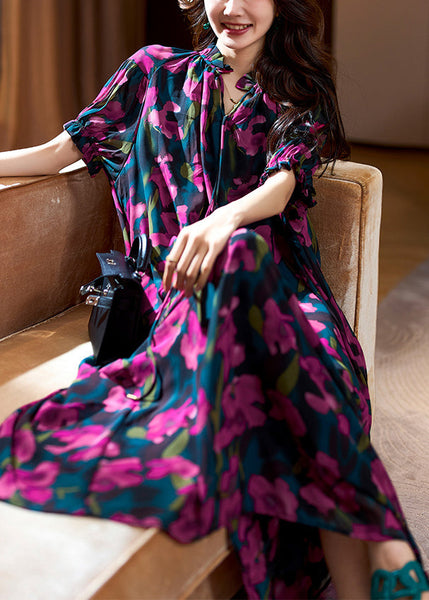 Loose Purple Print Ruffled Lace Up Chiffon Long Dresses Summer OP1088 Ada Fashion