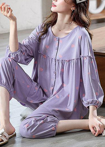 Two Pieces Pajamas Purple Cotton Set Ruffled Bracelet Loose Print FashionChic