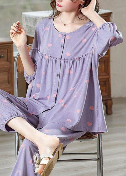 Two Pieces Pajamas Purple Cotton Set Ruffled Bracelet Loose Print FashionChic