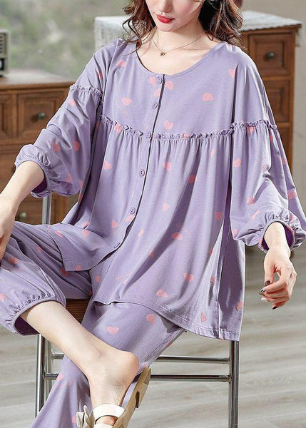 Two Pieces Pajamas Purple Cotton Set Ruffled Bracelet Loose Print FashionChic
