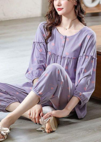Two Pieces Pajamas Purple Cotton Set Ruffled Bracelet Loose Print FashionChic