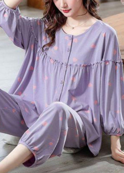 Two Pieces Pajamas Purple Cotton Set Ruffled Bracelet Loose Print FashionChic