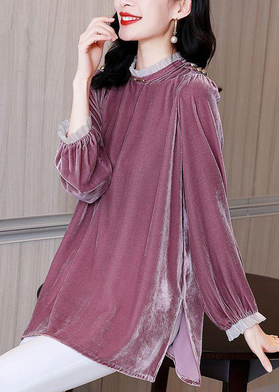 Loose Purple Ruffled Side Open Velour Tops Spring RH033 ABC