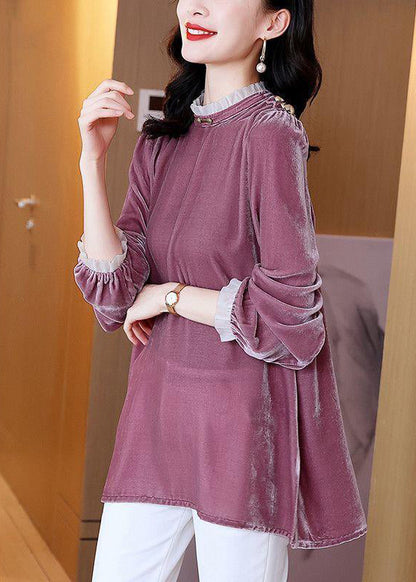 Loose Purple Ruffled Side Open Velour Tops Spring RH033 ABC