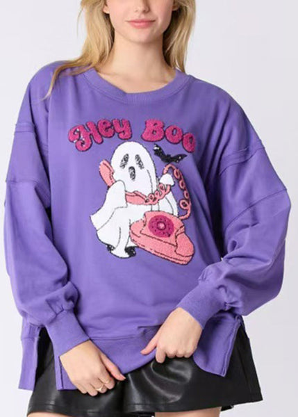 Loose Purple Sequins Side Open Cotton Sweatshirt Long Sleeve AE1003 OM-HW240901