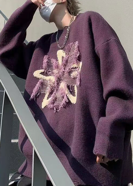 Loose Purple Tasseled Hole Knit Men Sweater Winter RC035 ABC