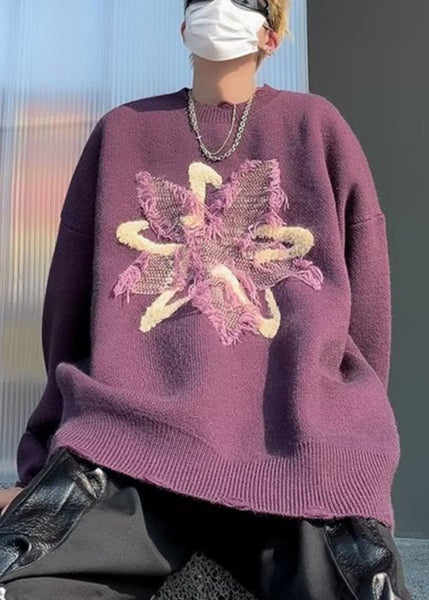 Loose Purple Tasseled Hole Knit Men Sweater Winter RC035 ABC