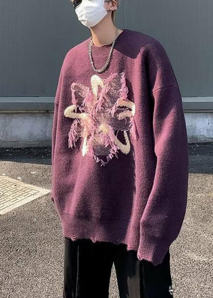 Loose Purple Tasseled Hole Knit Men Sweater Winter RC035 ABC