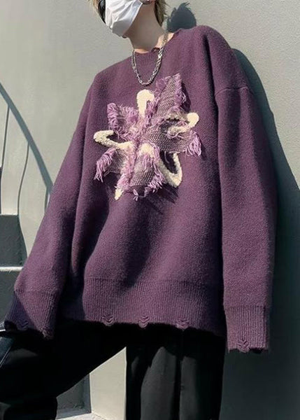 Loose Purple Tasseled Hole Knit Men Sweater Winter RC035 ABC