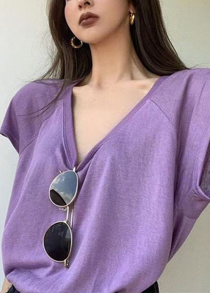 Loose Summer Cotton Shirts U T Neck Solid Purple FashionChic