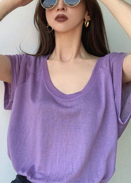 Loose Summer Cotton Shirts U T Neck Solid Purple FashionChic