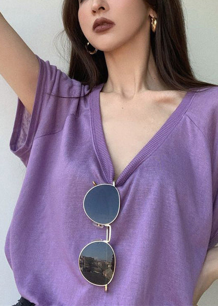 Loose Summer Cotton Shirts U T Neck Solid Purple FashionChic