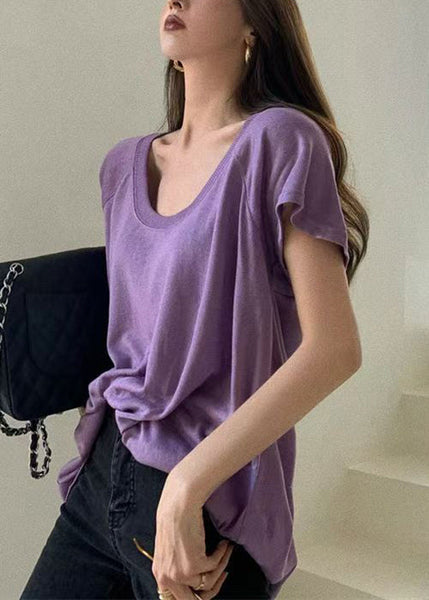 Loose Summer Cotton Shirts U T Neck Solid Purple FashionChic