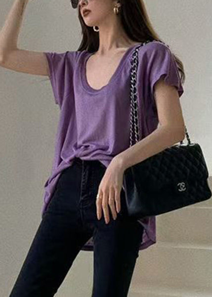 Loose Summer Cotton Shirts U T Neck Solid Purple FashionChic