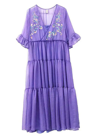 Loose Purple V Neck Embroidered Wrinkled Patchwork Chiffon Dress Summer Ada Fashion