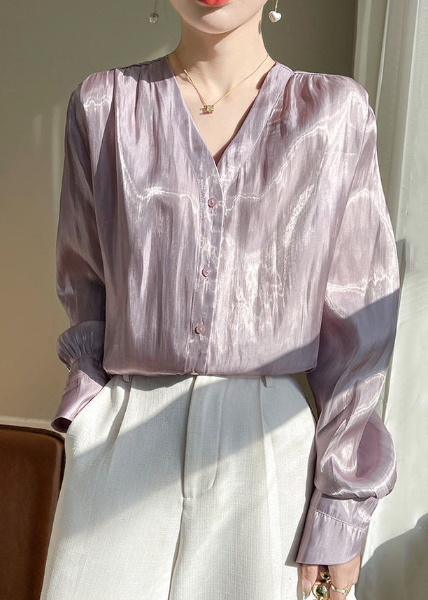 Loose Purple V Neck Solid Silk Shirt Long Sleeve AB1017 Genistyle Shop