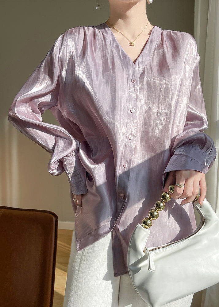 Loose Purple V Neck Solid Silk Shirt Long Sleeve AB1017 Genistyle Shop