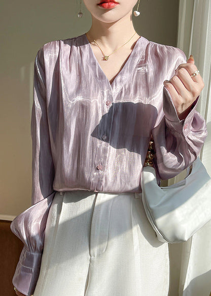 Loose Purple V Neck Solid Silk Shirt Long Sleeve AB1017 Genistyle Shop