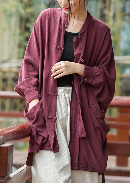 Loose Purplish Red Button Pockets Linen Coat Long Sleeve QE014 MZF-CTS240927