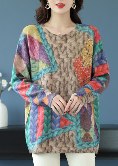 Loose Rainbow O Neck Print Patchwork Wool Knit Tops Spring TB028