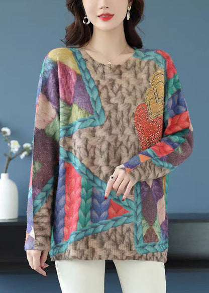 Loose Rainbow O Neck Print Patchwork Wool Knit Tops Spring TB028