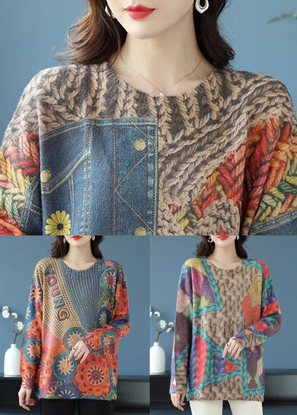 Loose Rainbow O Neck Print Patchwork Wool Knit Tops Spring TB028