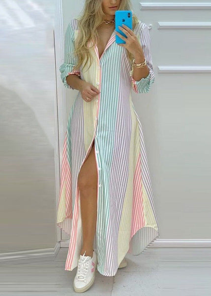 Dress Rainbow Shirts Loose Striped Spring Button Cotton FashionChic