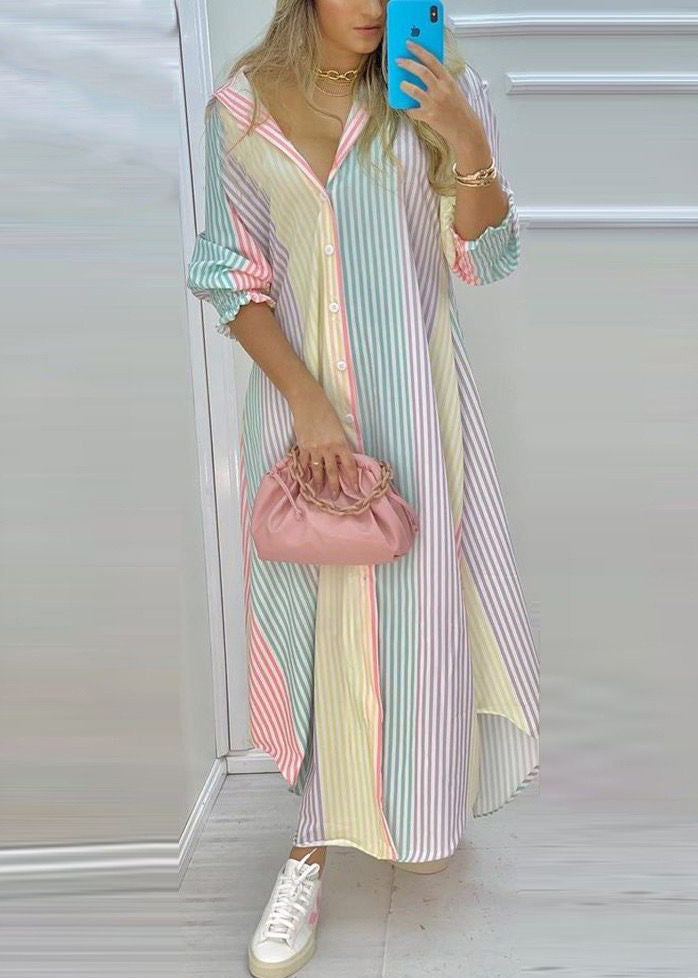 Dress Rainbow Shirts Loose Striped Spring Button Cotton FashionChic