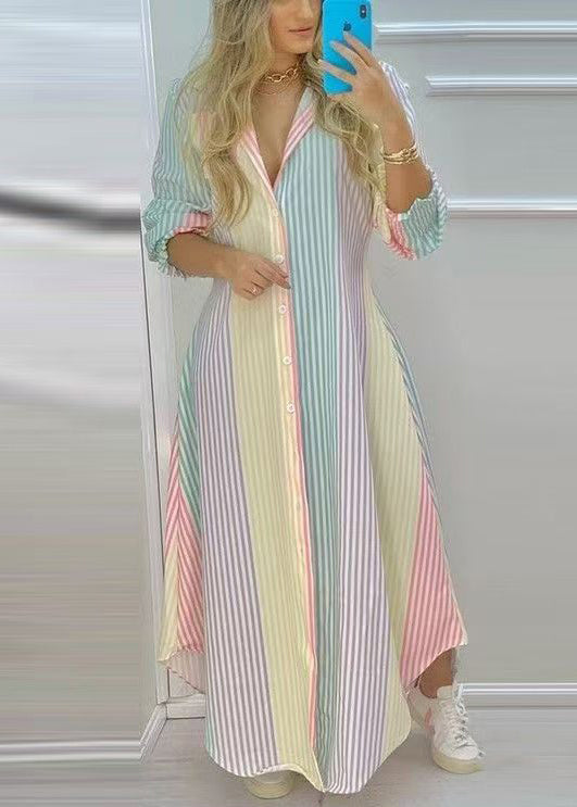 Dress Rainbow Shirts Loose Striped Spring Button Cotton FashionChic