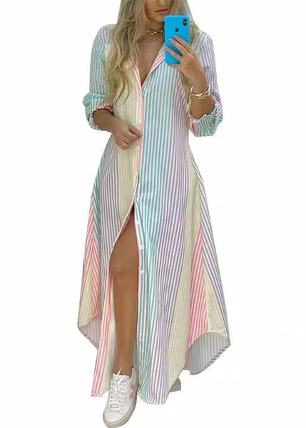 Dress Rainbow Shirts Loose Striped Spring Button Cotton FashionChic