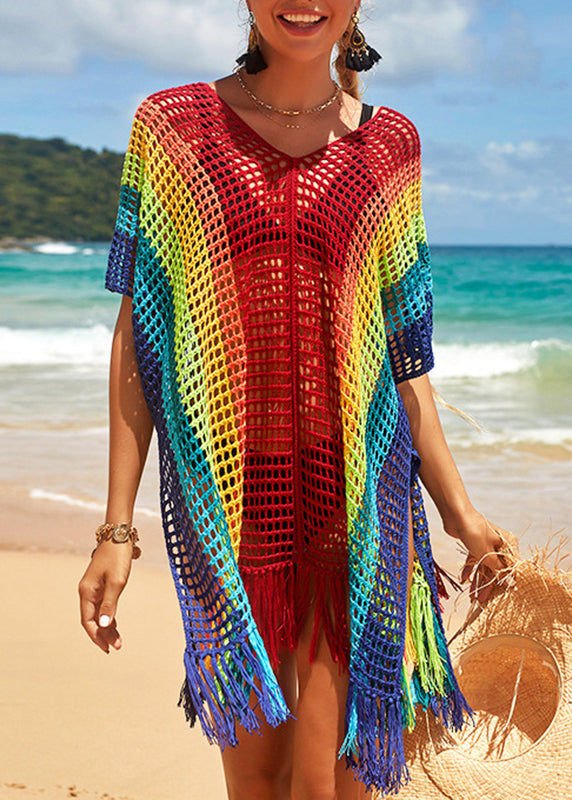 Loose Rainbow V-Neck Hollow Out Knit Cover Up Swimwear VC069 WM-Beach-TP240615