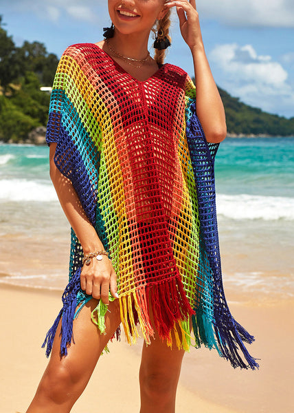 Loose Rainbow V-Neck Hollow Out Knit Cover Up Swimwear VC069 WM-Beach-TP240615